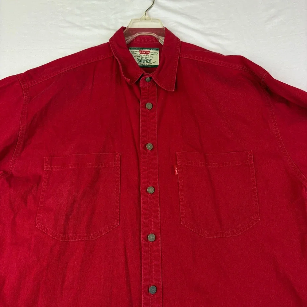 Levi's L Red Cotton Twill Button Down Shirt Long Sleeve Workwear Casual VTG